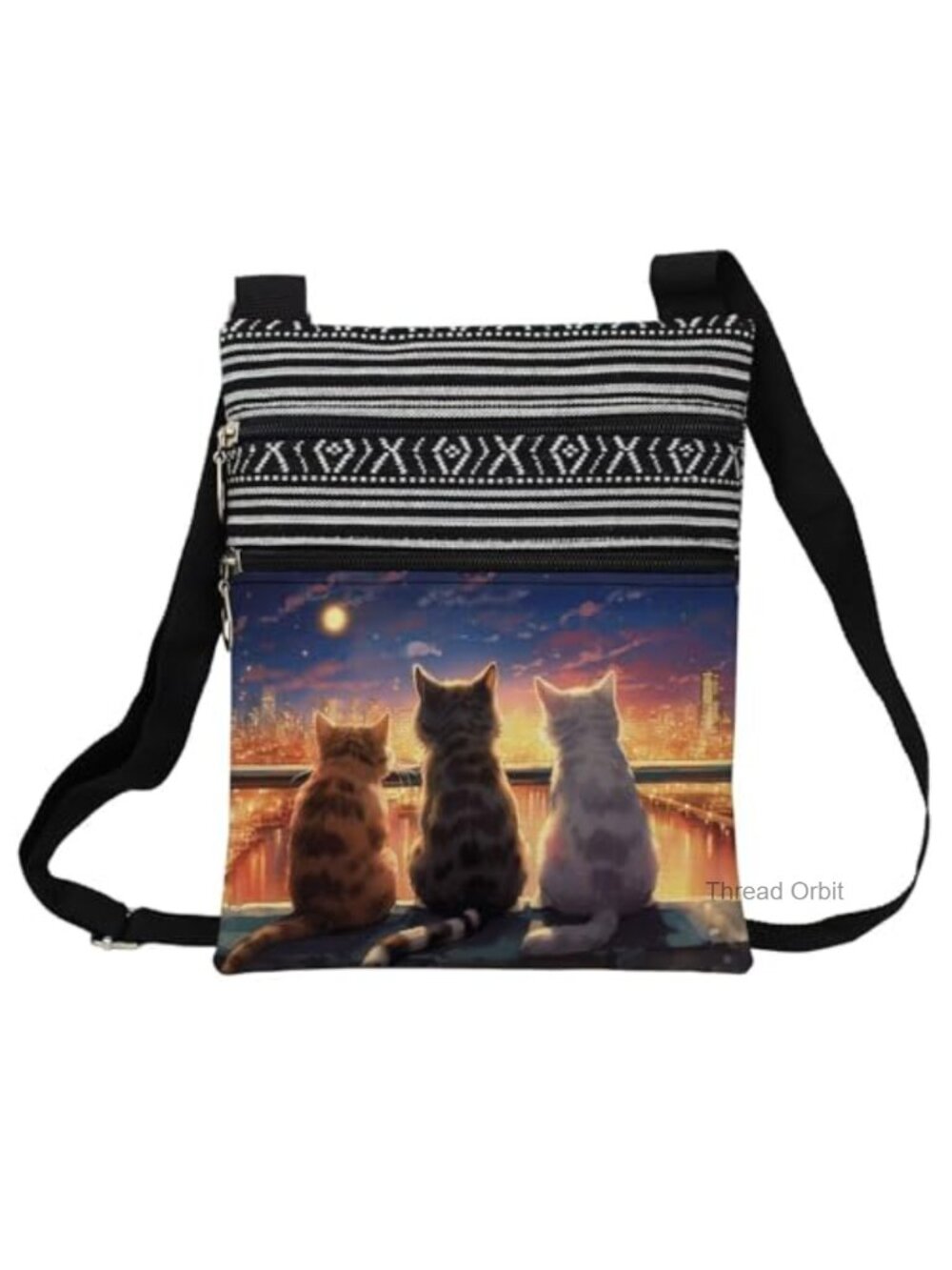 Cat Pattern Crossbody Bag Polyester Zip Pouch Adjustable Strap Cat Lover Gift